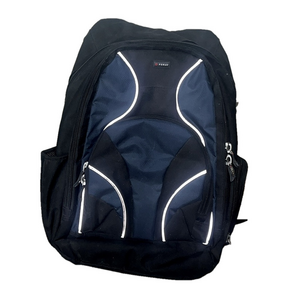 foray black and blue reflective laptop school backpack with many pockets